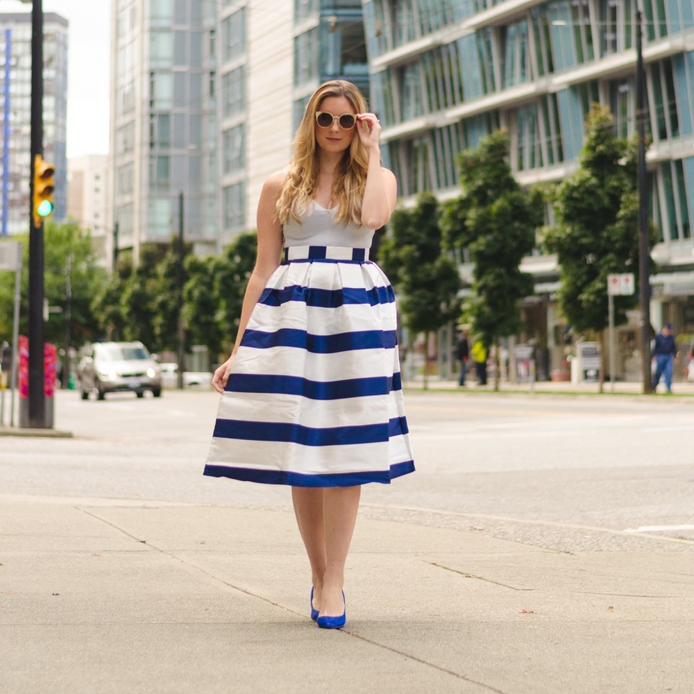 Blue Navy Stripe Silk Ball Skirt Navy White Stripe